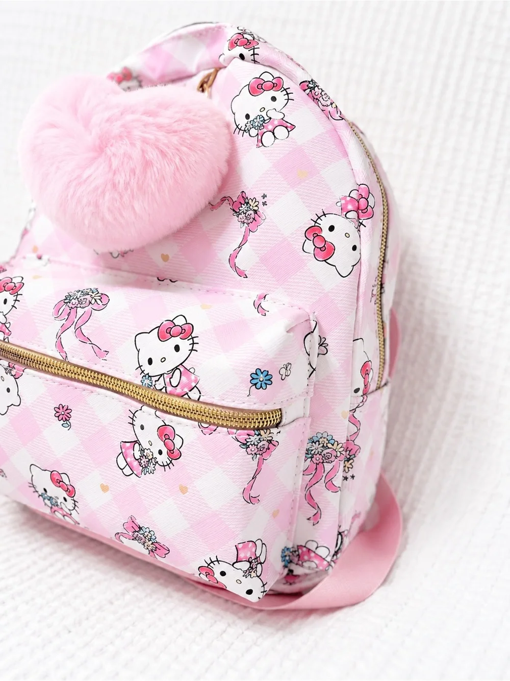 Hello Kitty Pink Gingham Mini Backpack with Fuzzy Heart Charm